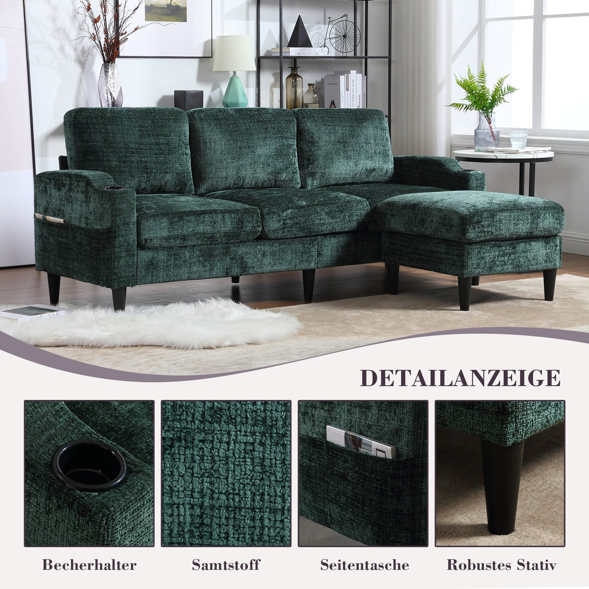 Sofa, 4-Seater with Footstool & Storage, Velvet