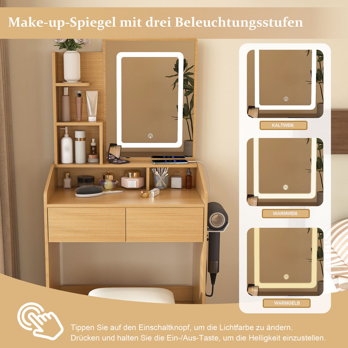 Dressing Table Set with LED Mirror & Power Outlet, Wood