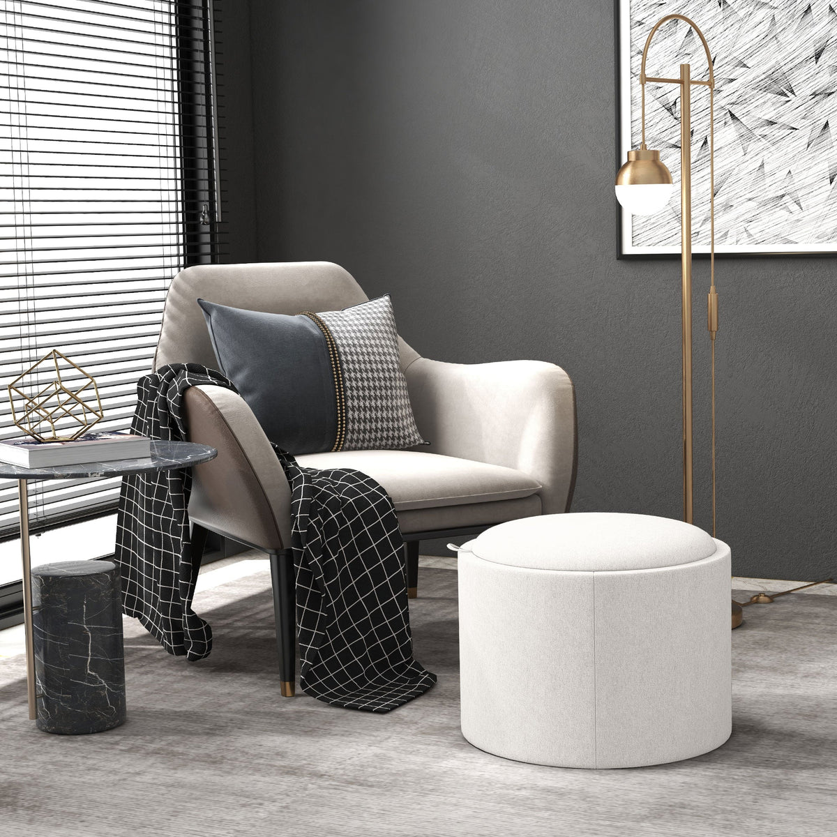 Ottoman Round Stool with Storage & Folding Lid, Cream Linen Look