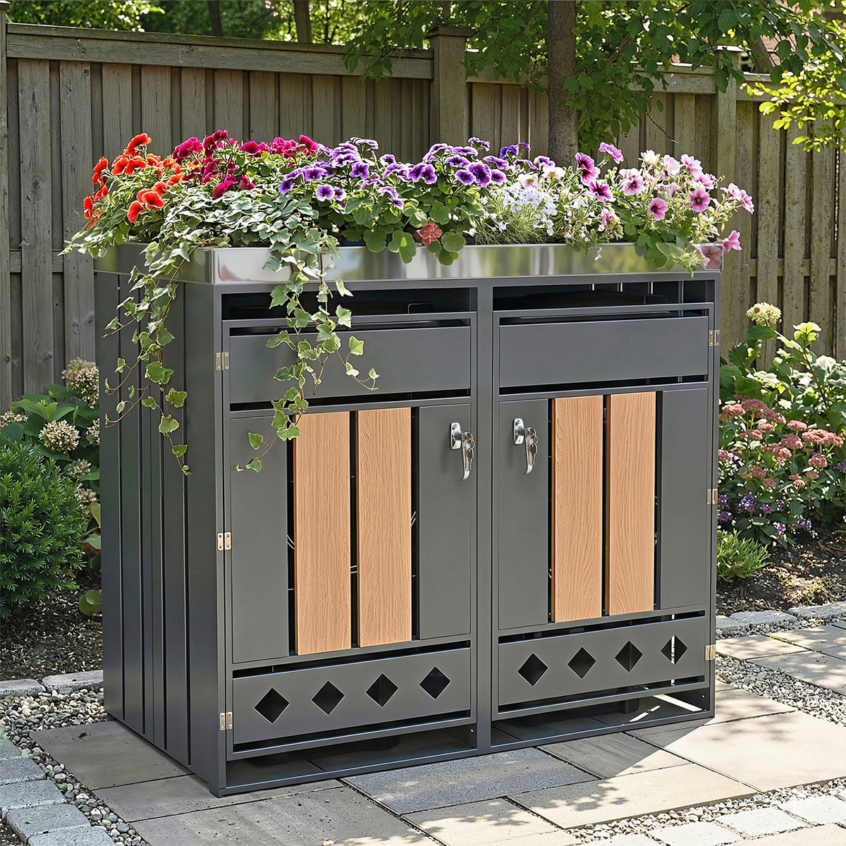 Bin Storage Unit with Planting Area, Lockable Two Doors and Hollow Base, Wood Grain Wood