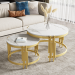 Modular Coffee Table Set, Round Golden Metal Frame, Marble Look