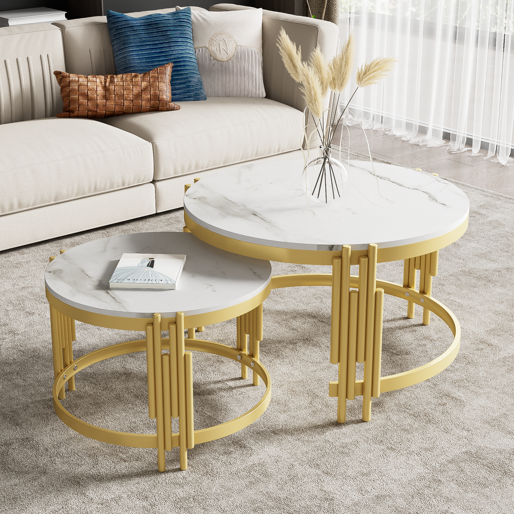 Modular Coffee Table Set, Round Golden Metal Frame, Marble Look