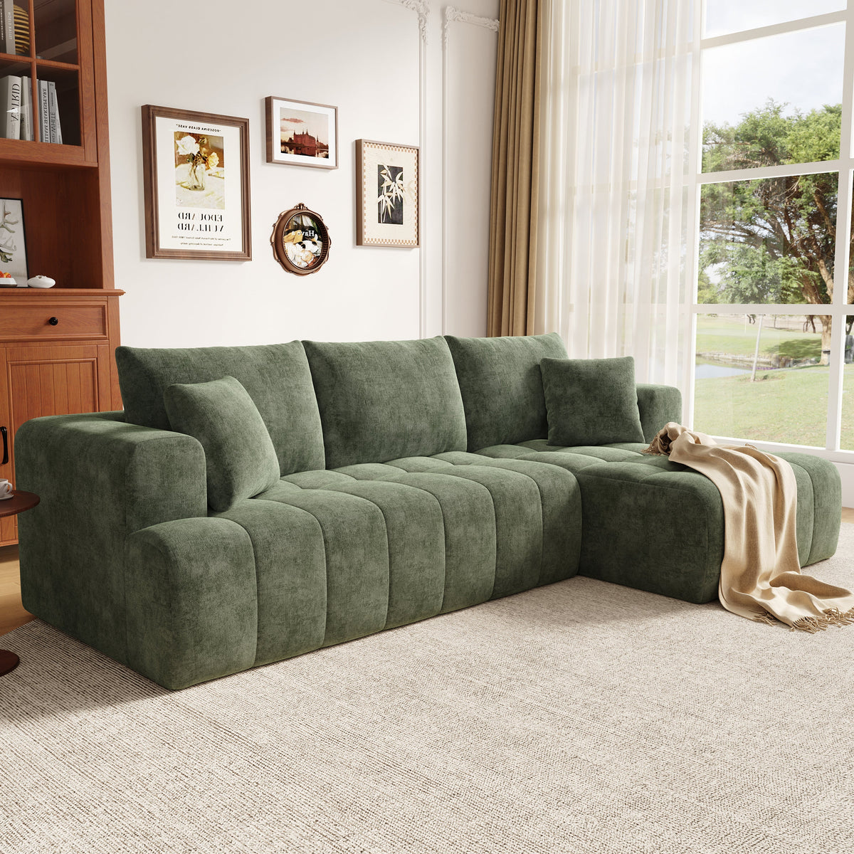 Modular L-shaped Cloud Sofa, Frameless Low-profile Design, Green Chenille Fabric