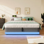 Upholstered Bed 140x200cm Hydraulic Storage LED USB/Type-C Pockets No Headboard - Grey