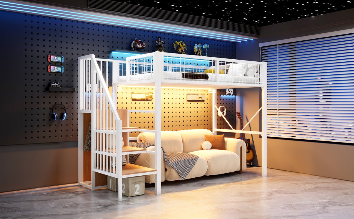 Loft Bed 90x200 cm with Ladder, Storage & LED Light, White Metal