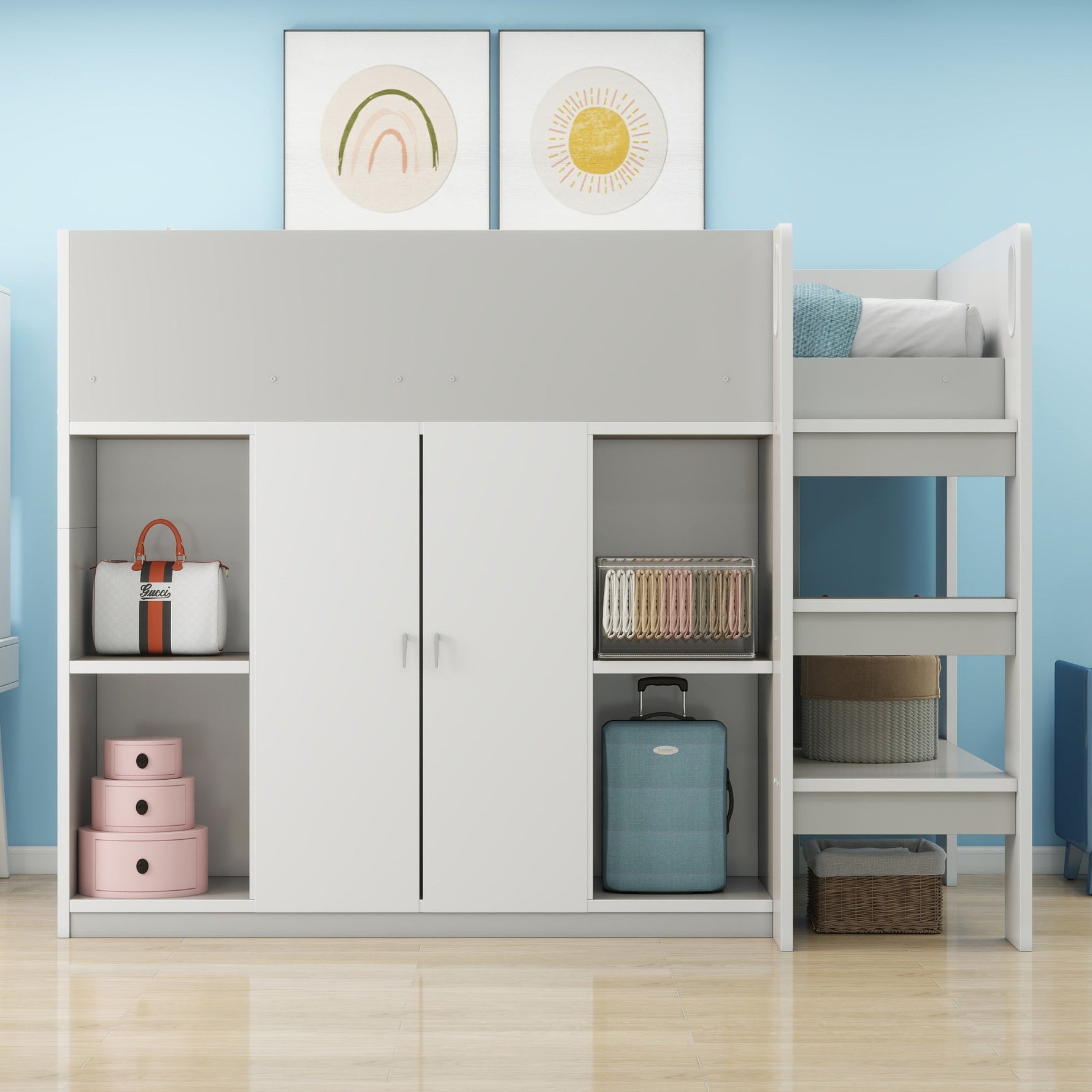 Loft Bed 90*200, Multifunctional with Storage, Wardrobe, Shelves, Ladder, Gray