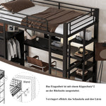 Iron Bunk Bed with Table Wardrobe Storage Ladder 90x200cm, Black Iron/Chipboard