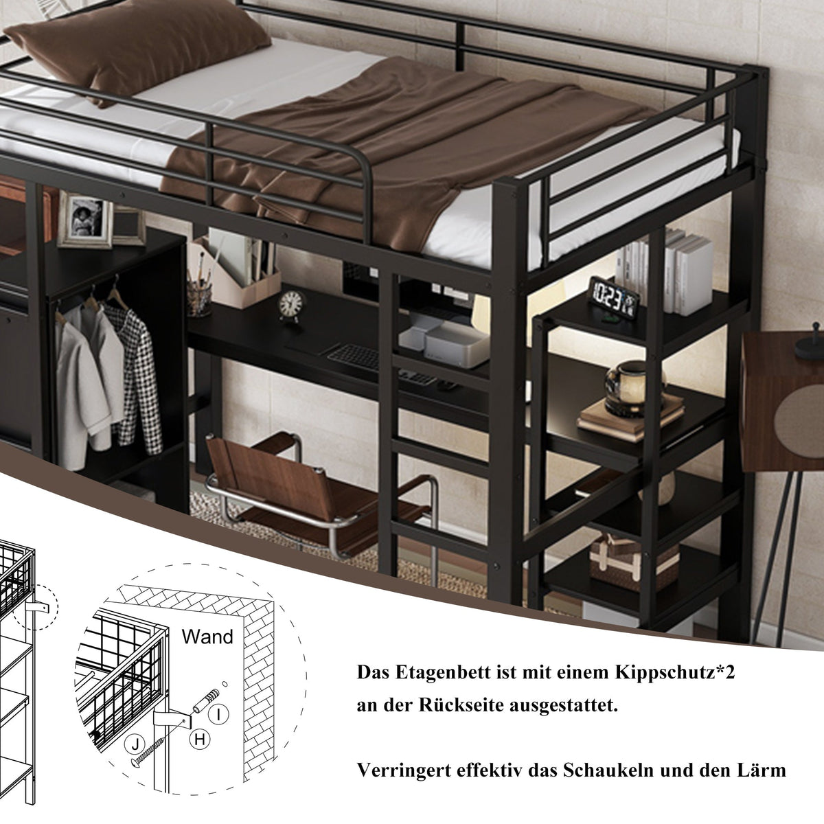 Iron Bunk Bed with Table Wardrobe Storage Ladder 90x200cm, Black Iron/Chipboard