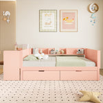 Wooden Single Bed 90x200 with Desk, Drawers & Shelves, Pink