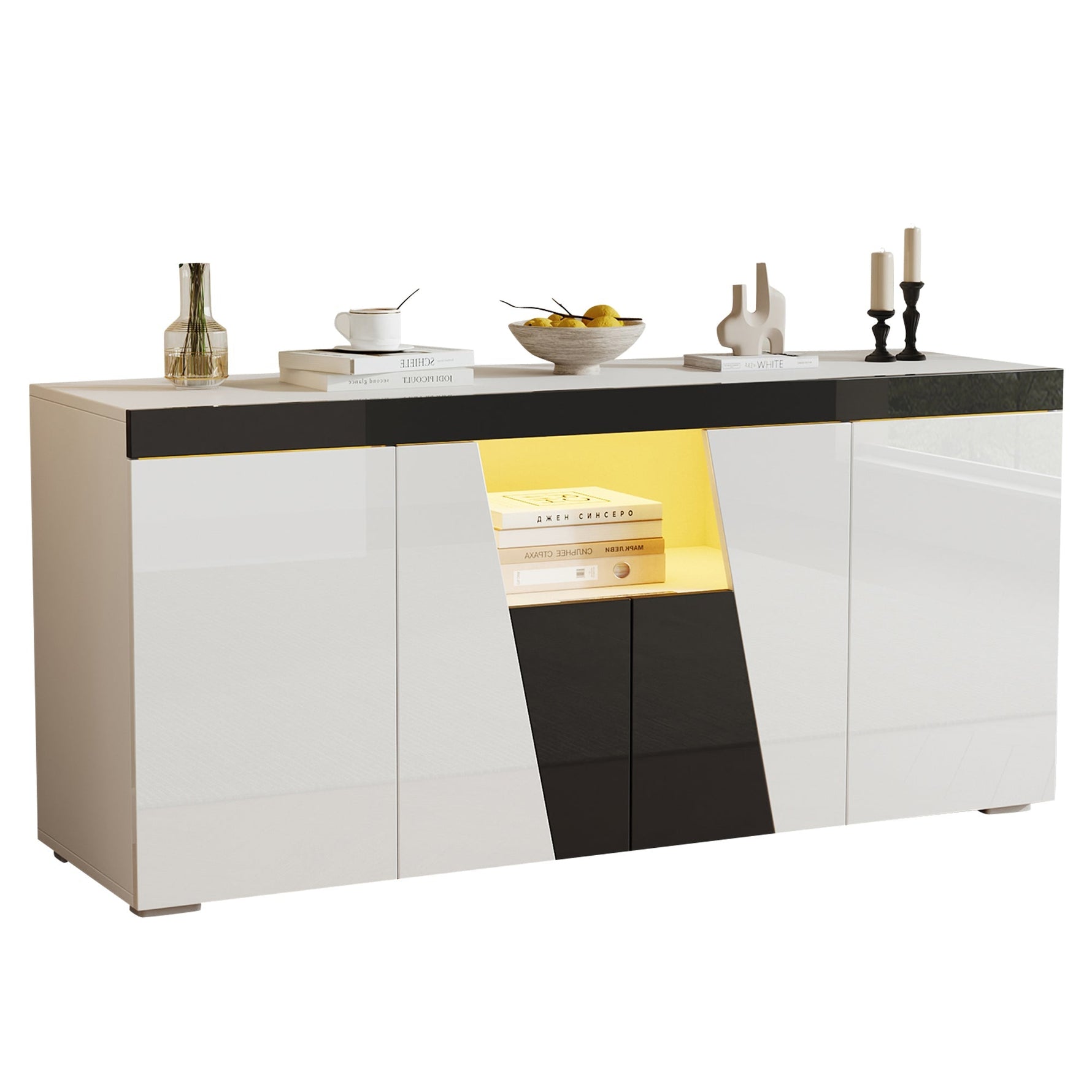 Living Room Sideboard 140x40x65cm Large Storage 4 Doors LED Light Strip Angled Design Black and White