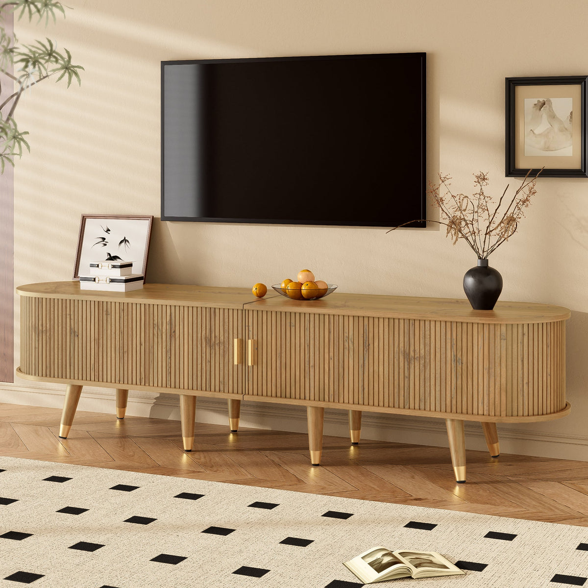 TV Cabinet Sliding Doors Media Console Wood Grain