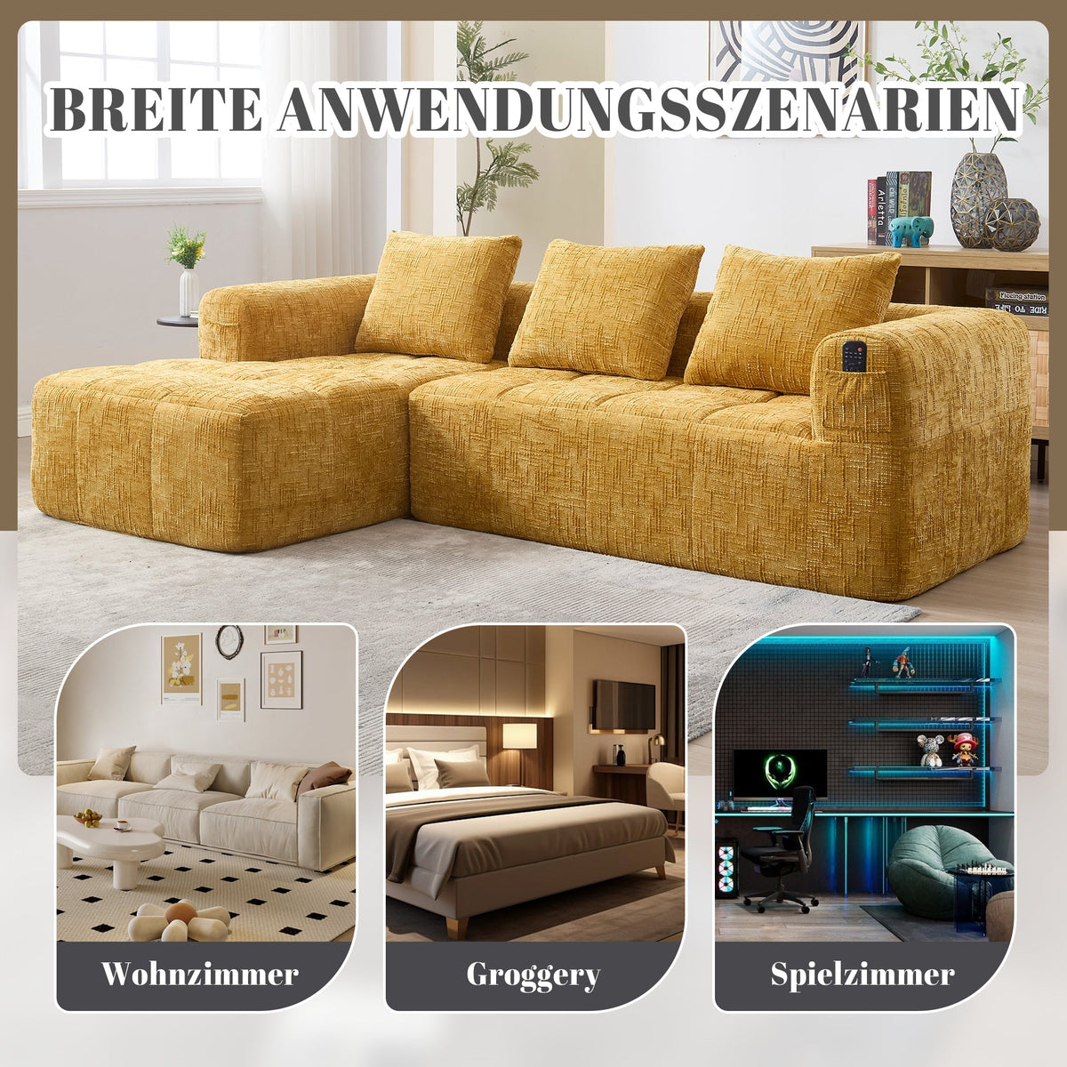 Sectional Sofa L-Shaped 3-Seater Chaise No Assembly Chenille Yellow