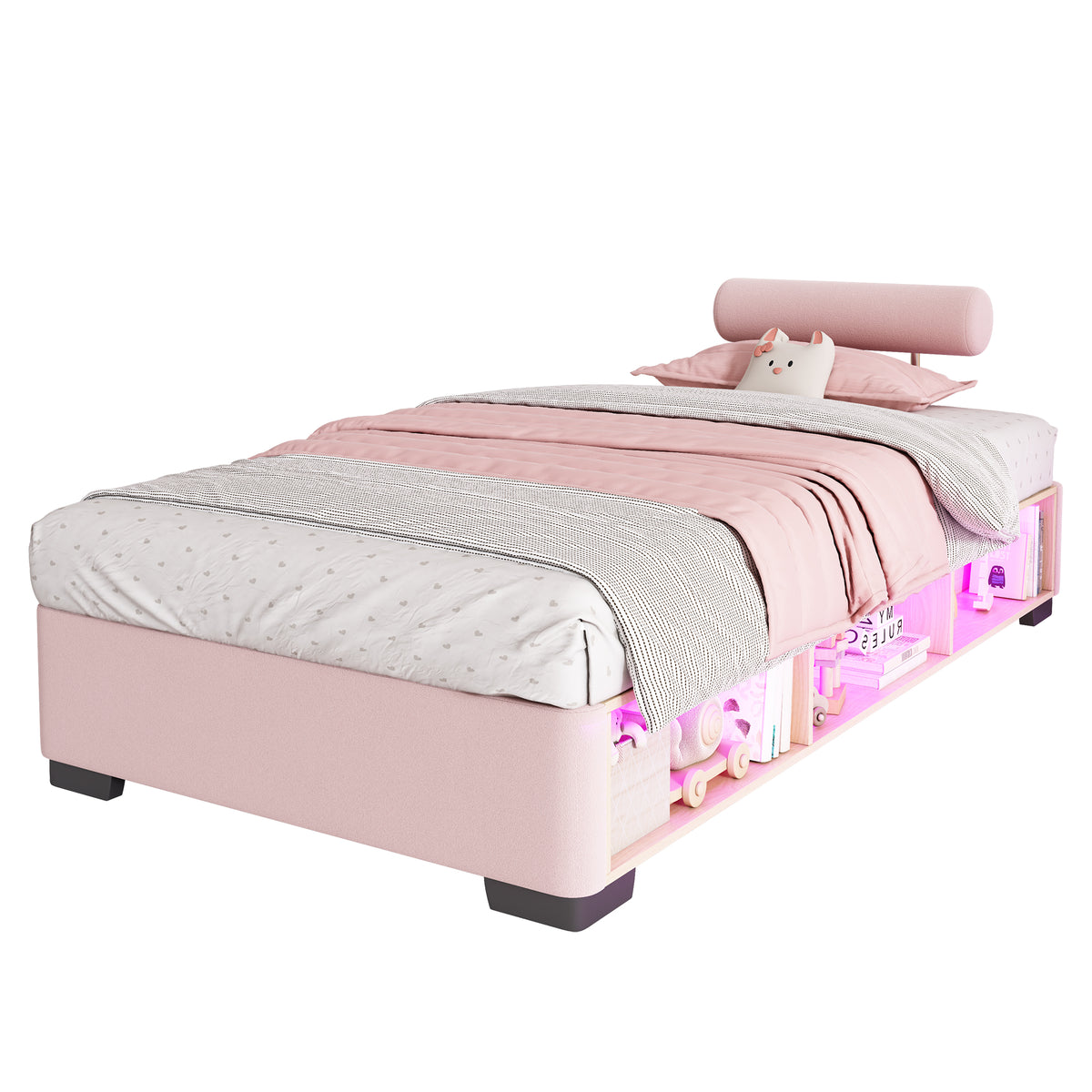 Children's Upholstered Bed with LED Shelf, 90x200 cm, Pink