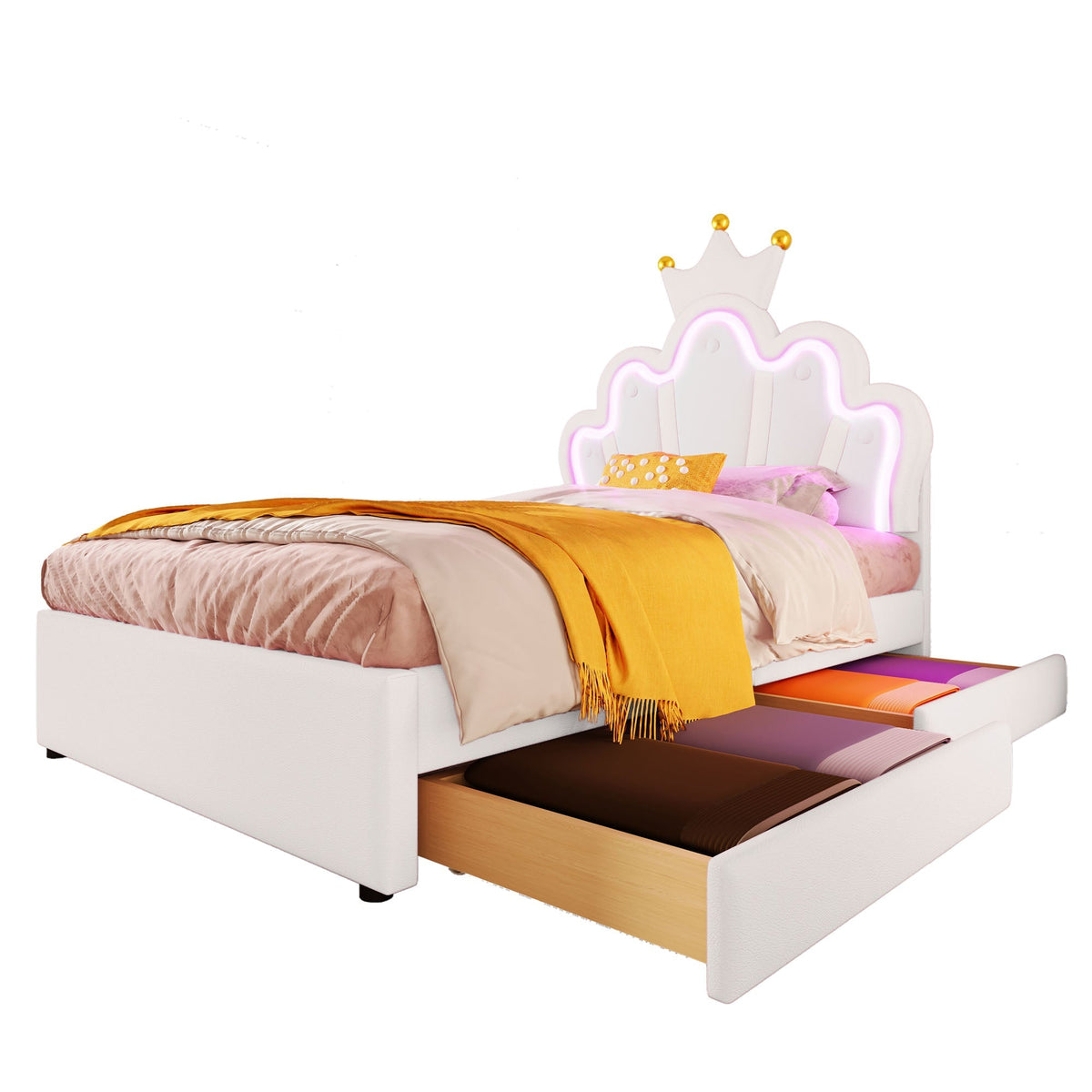 Upholstered Bed 90x200cm 2 Drawers Crown Adjustable Headboard Ambient Light - White PU