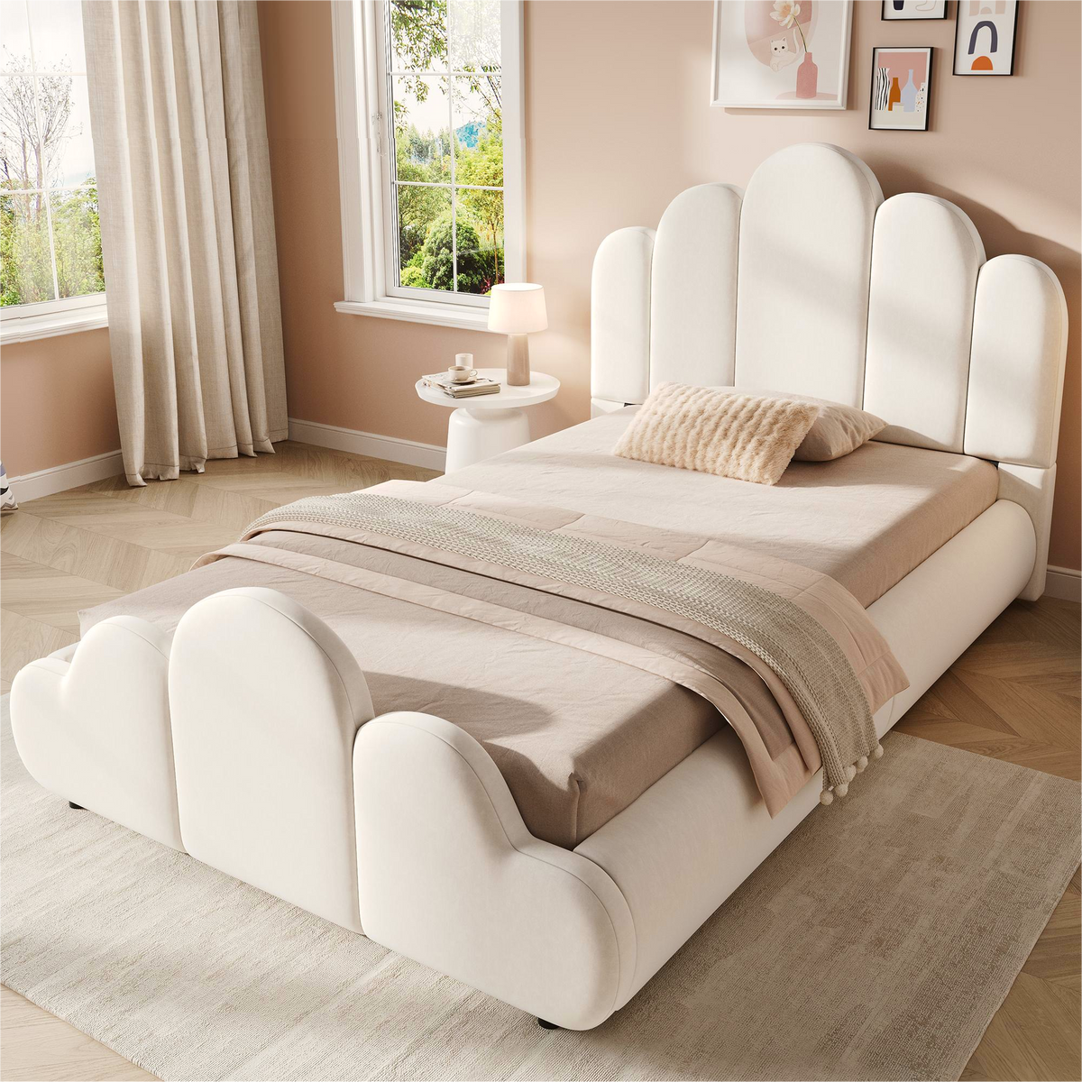 Upholstered Single Children's Bed 90x200cm - Beige Velvet