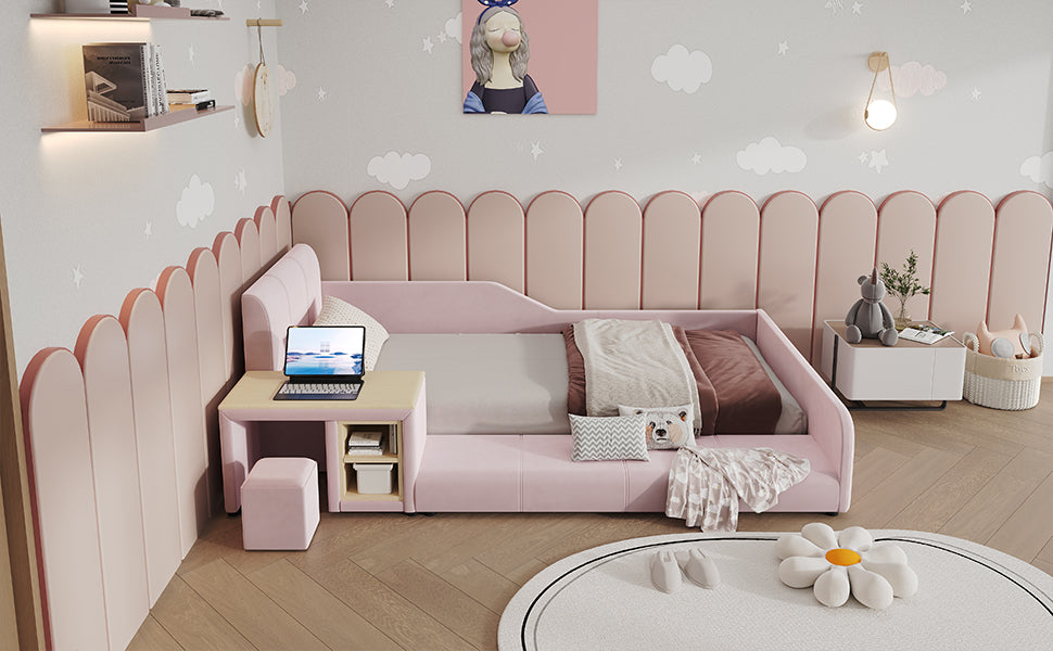 Upholstered Kids Bed Set with Desk & Stool, 90x200cm - Pink Velvet
