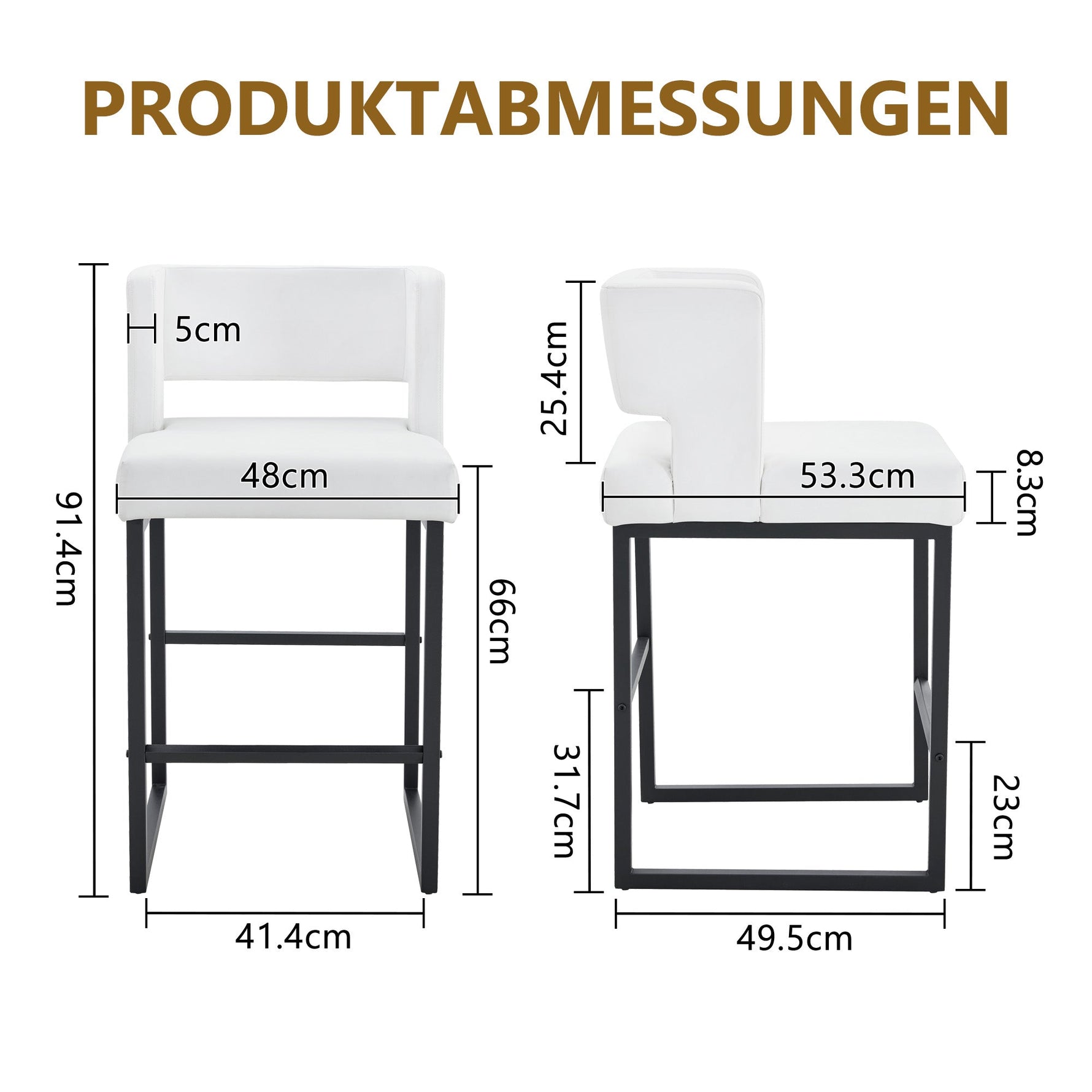 Nordic Bar Stool Set of 2 Modern Square Design Black Metal Legs - White