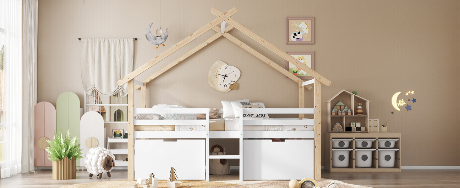 Children's Mid-Sleeper House Bed with Stairs, Storage Lockers, 90x200cm, Pine+MDF White/Natural