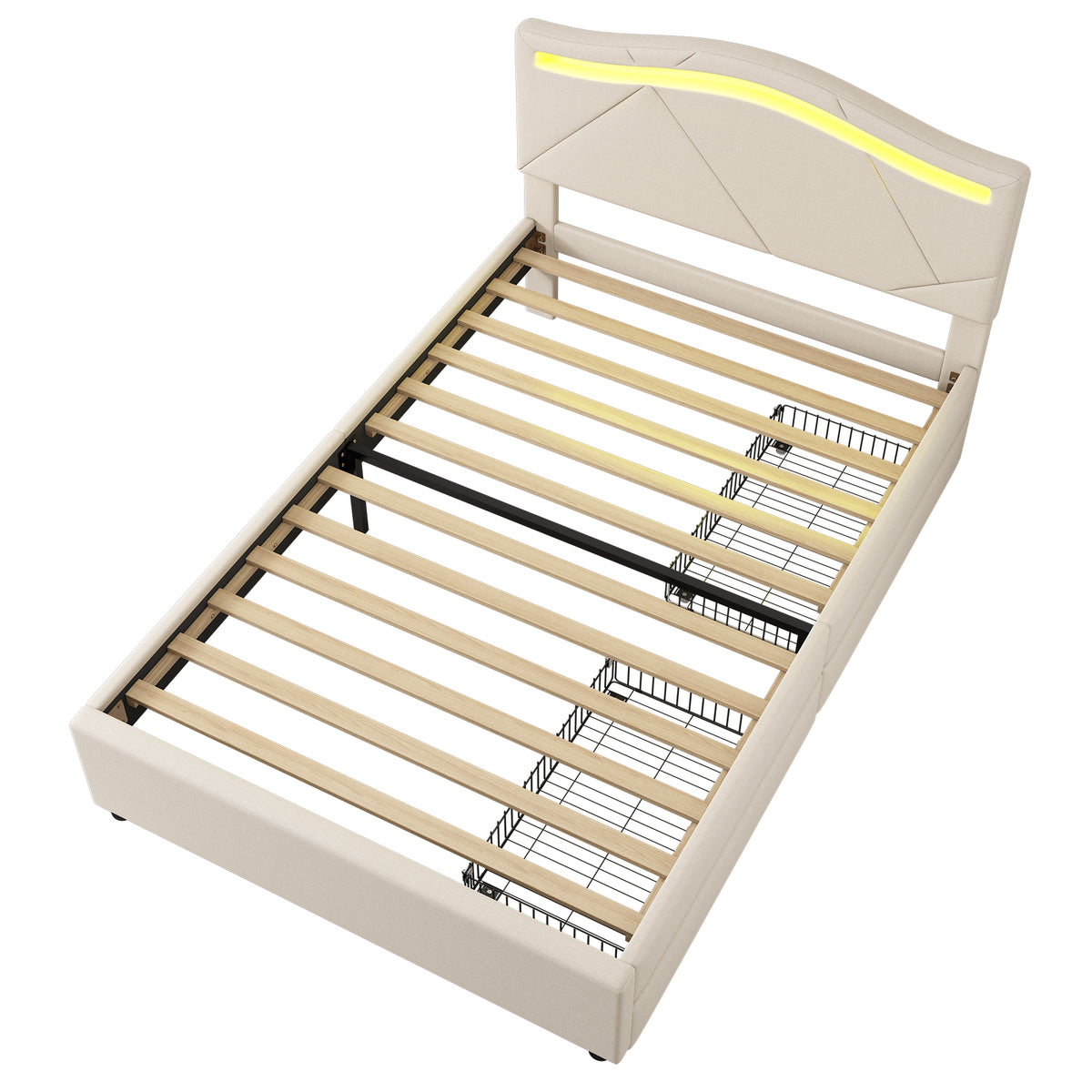 Upholstered Bed 90x200 with LED & 2 Drawers, Beige Linen