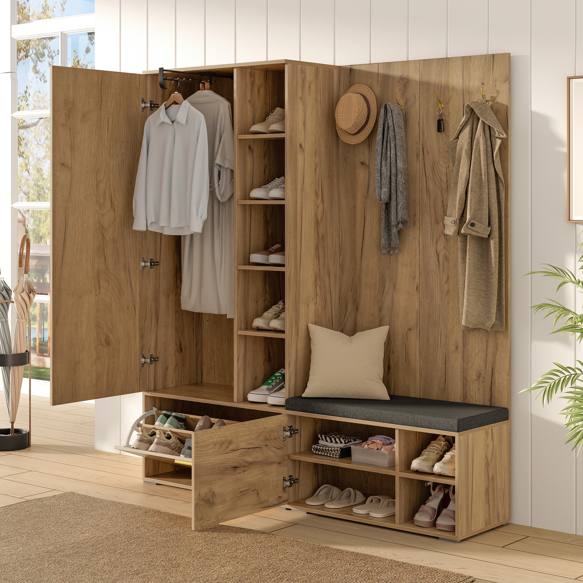 Wardrobe Set with Mirror, Shoe Bench and Coat Rack, Wood Color