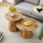 Set of 2 Round Coffee Tables, High and Low Nesting Stool Side Tables, Natural Wood Look MDF
