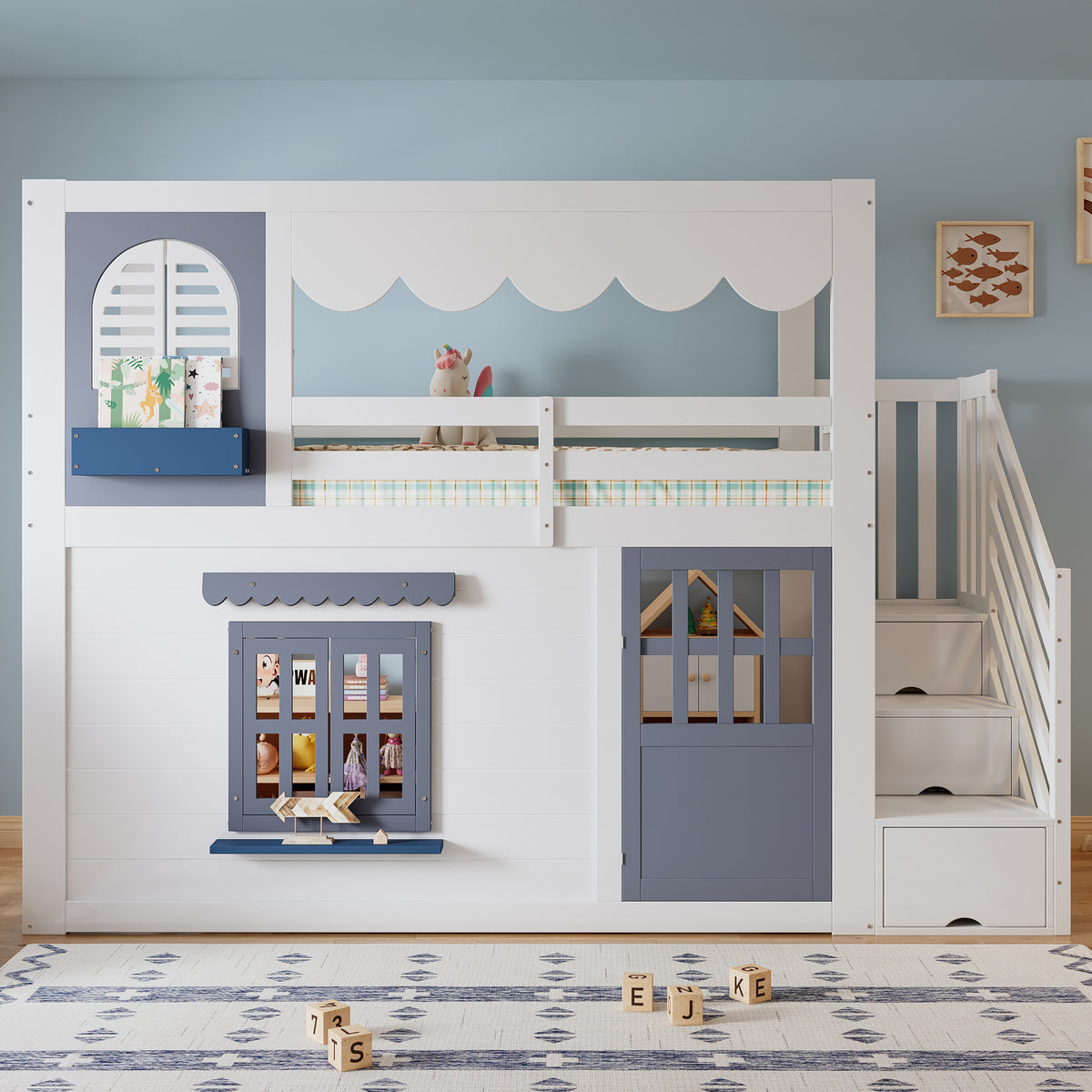 Children's Loft Bed 90x200cm with House Design & Storage, White