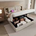Double Bed, Wireless Charging USB C, Storage, 140x200cm, Wood-Natural Linen