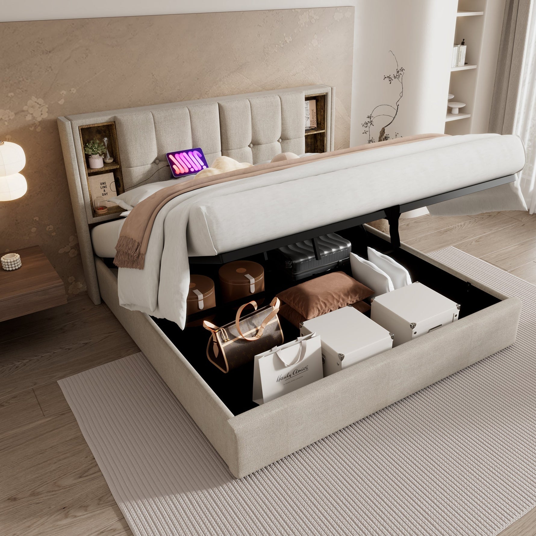 Double Bed, Wireless Charging USB C, Storage, 140x200cm, Wood-Natural Linen