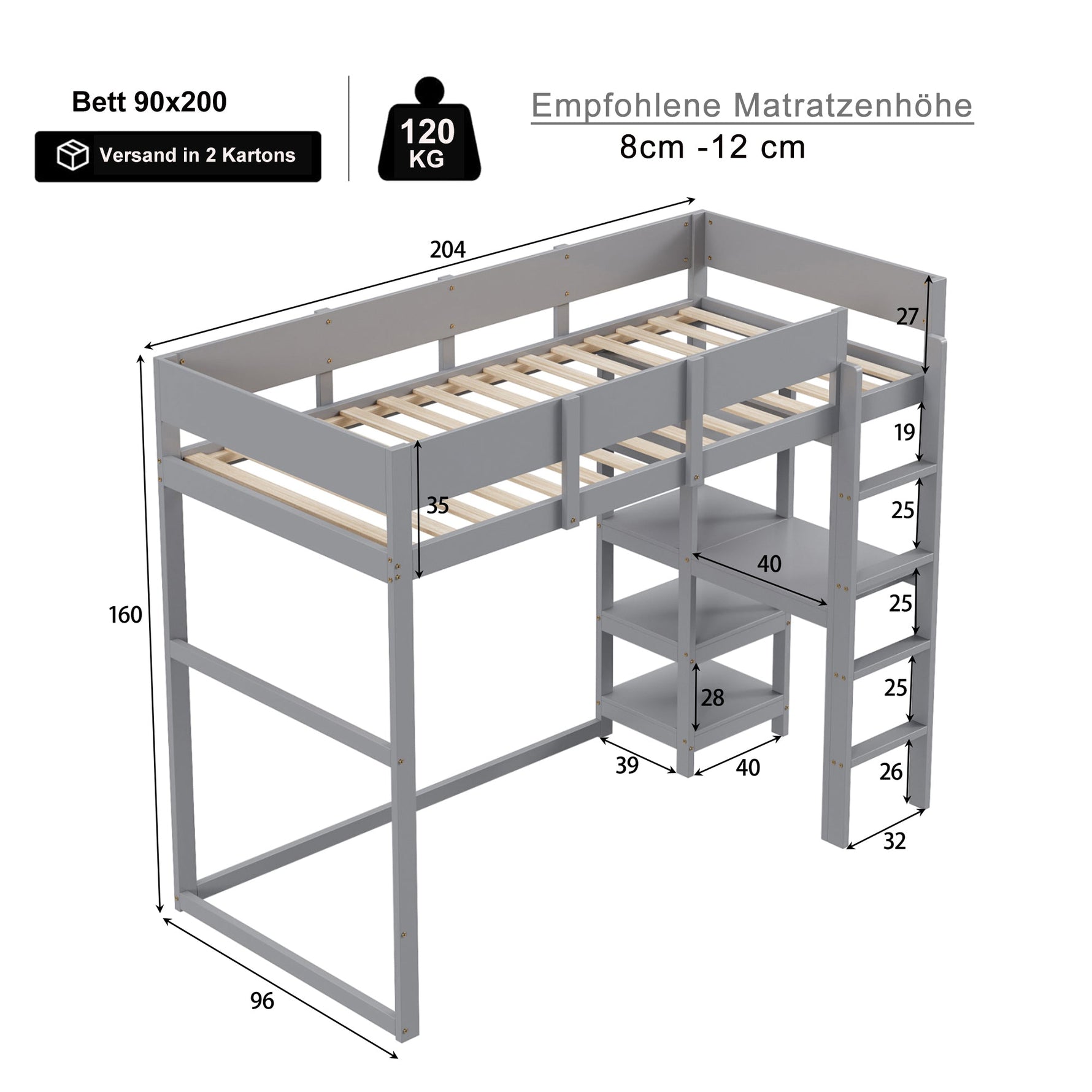 Loft Bed with Storage, 90x200cm, Slatted Base, Solid Pine Wood Grey