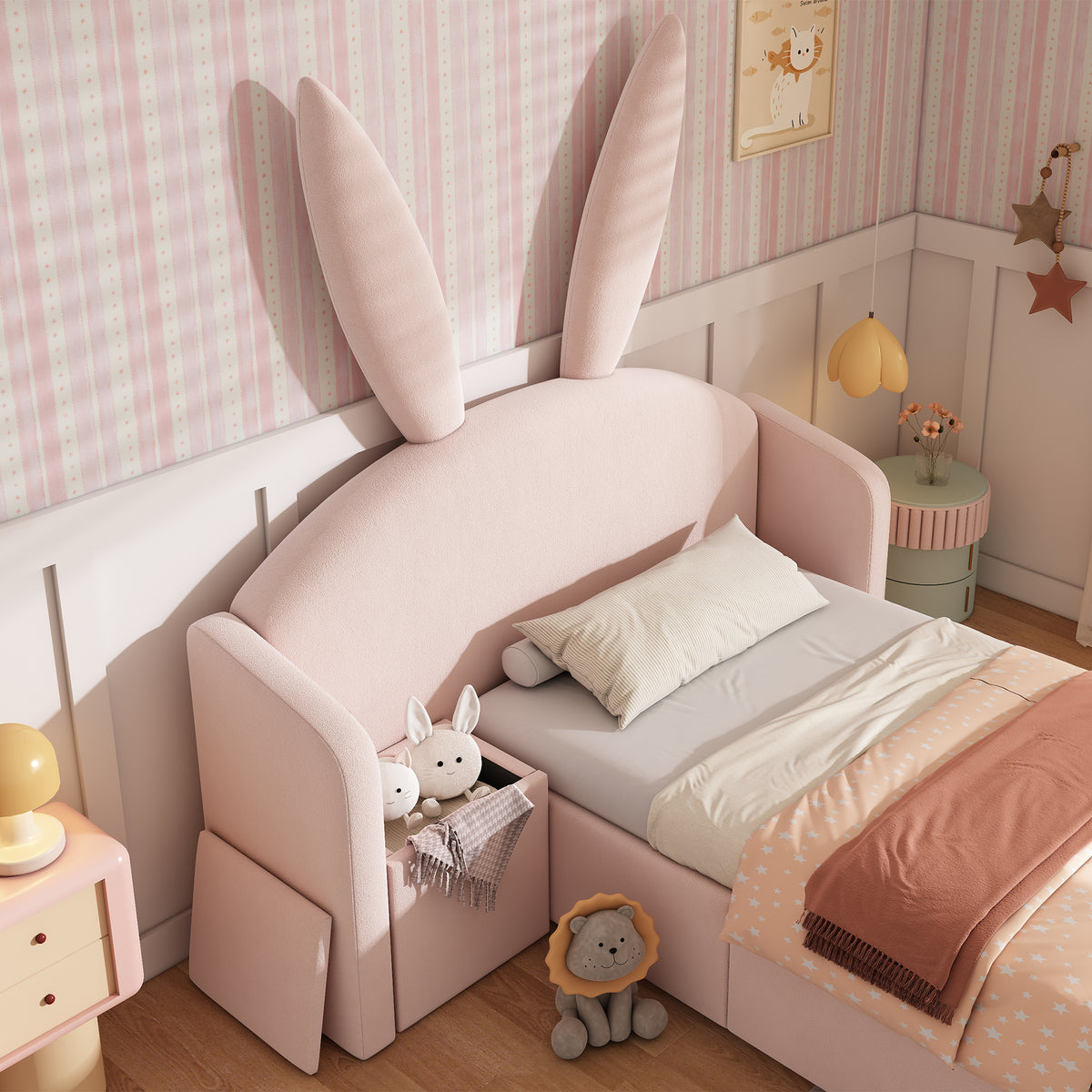 Children's Bed 90x190cm with Storage & Bedside Table, Pink Velvet