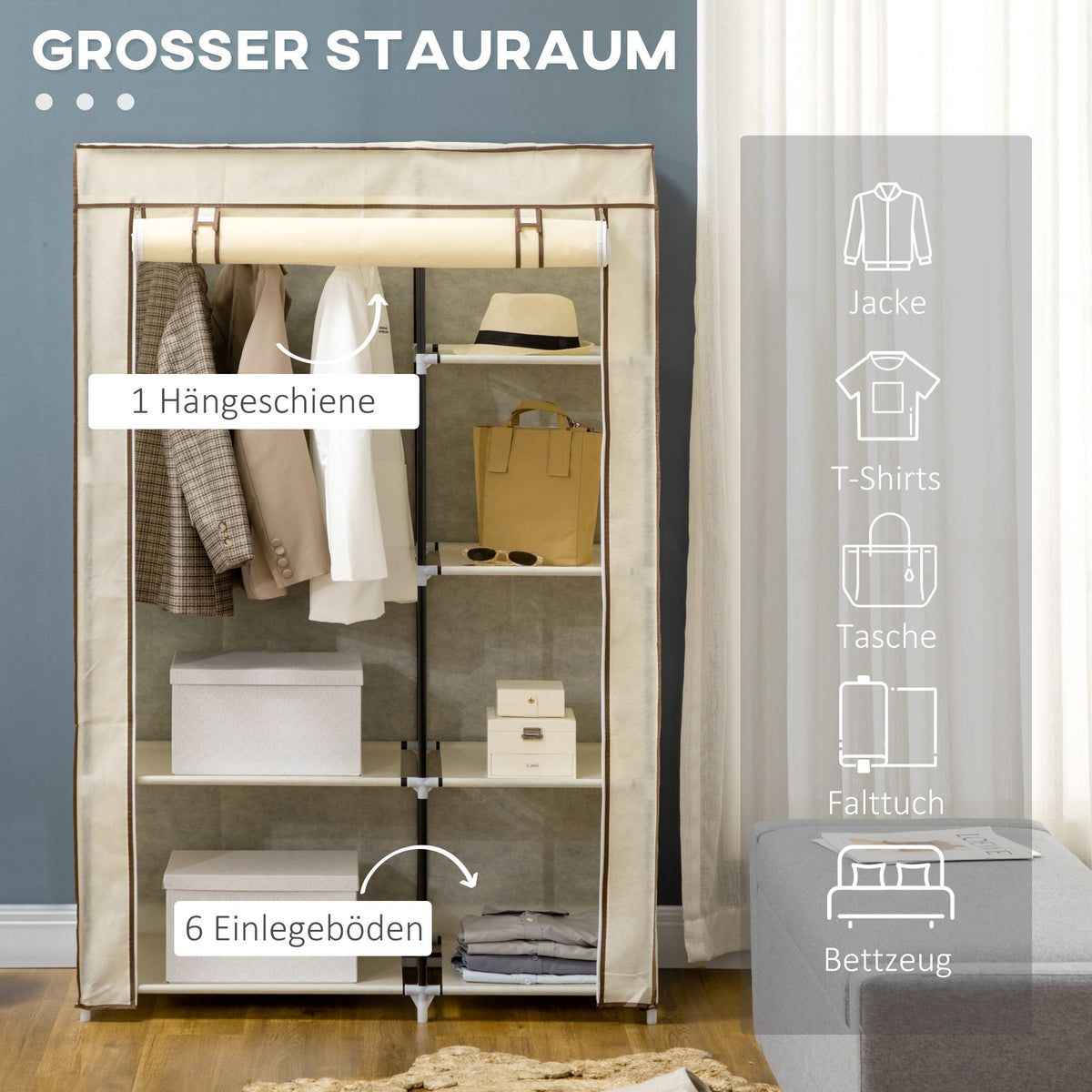 Wardrobe Foldable, 2 Clothes Rails & 6 Compartments, Fabric Cream