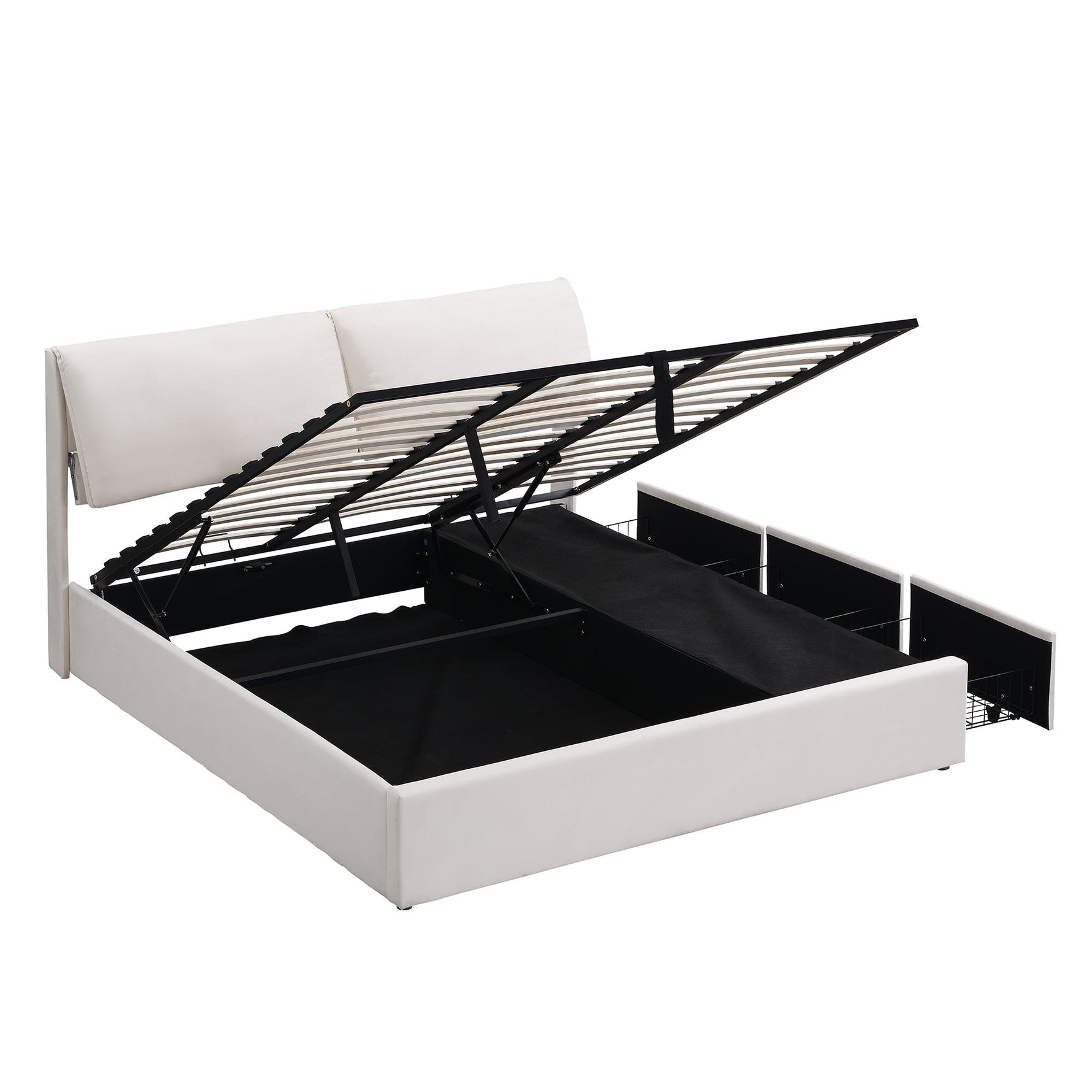 Upholstered Bed 180x200cm Hydraulic Storage 3 Drawers - Velvet Beige