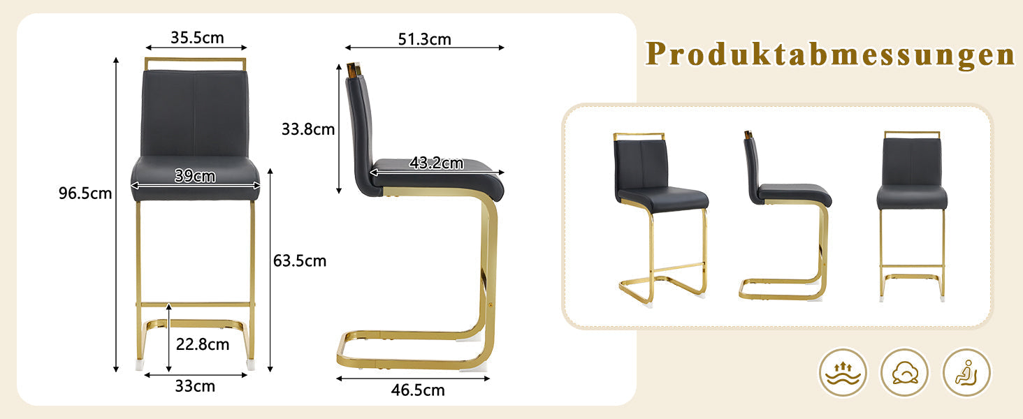 Bar Stools Set of 2 Nordic Style Gold Metal Legs - Black Faux Leather