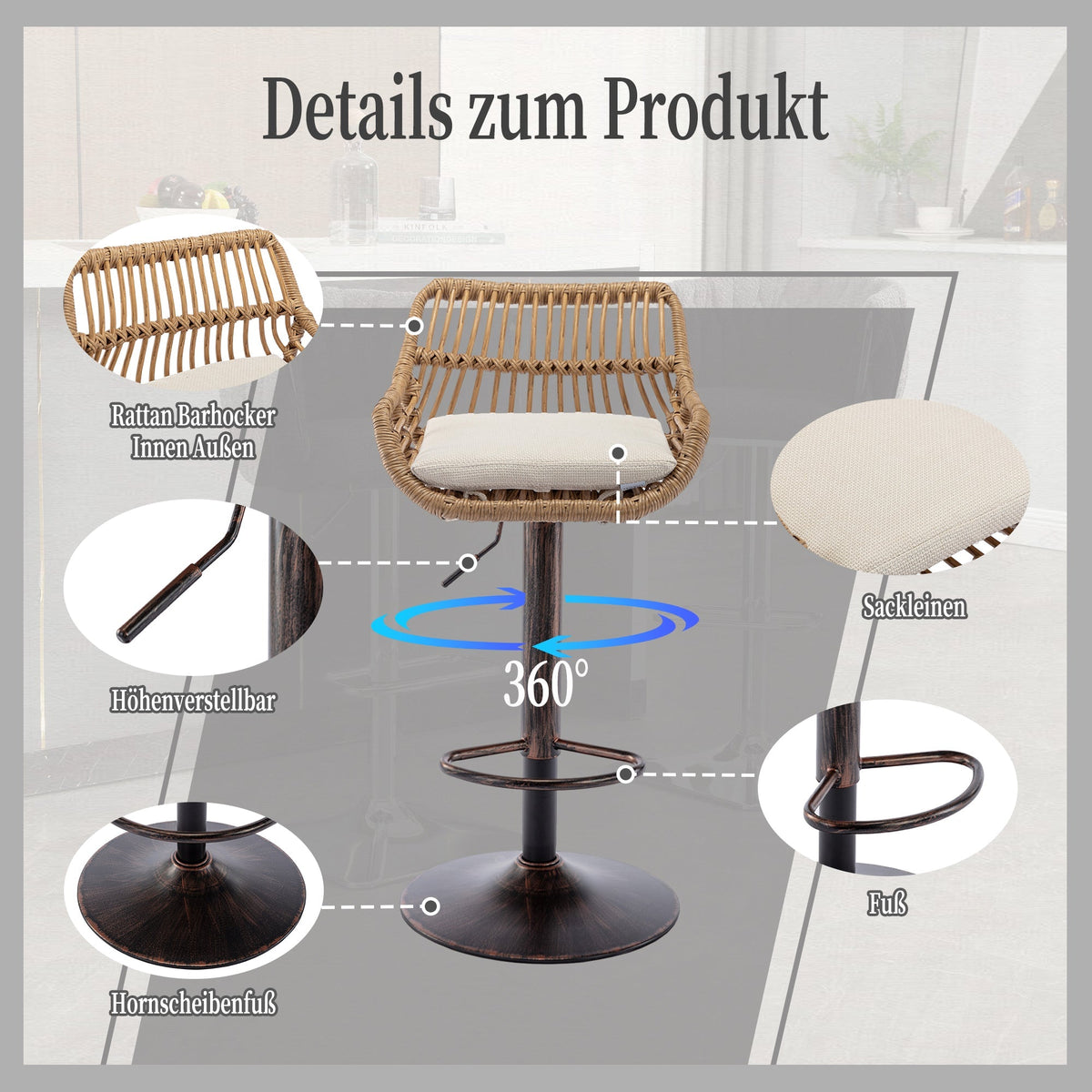 Modern Bar Stool Set of 2, Adjustable with Footrest, Beige