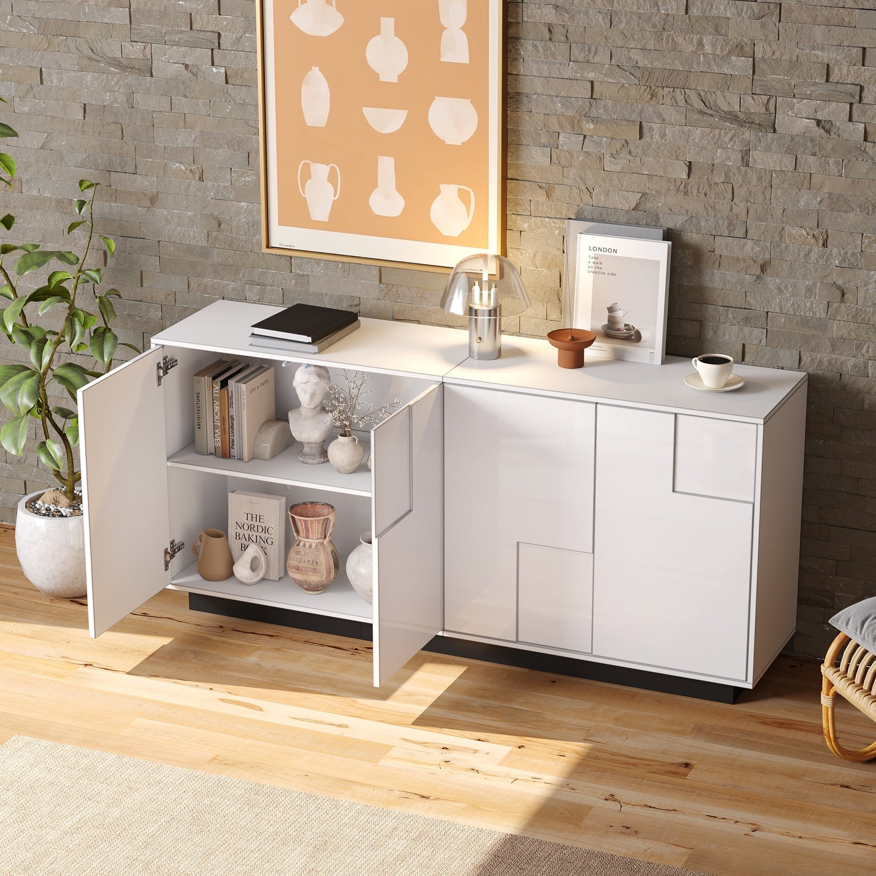 Sideboard 160cm High-Gloss 4 Doors Storage Geometric Design - White/Black
