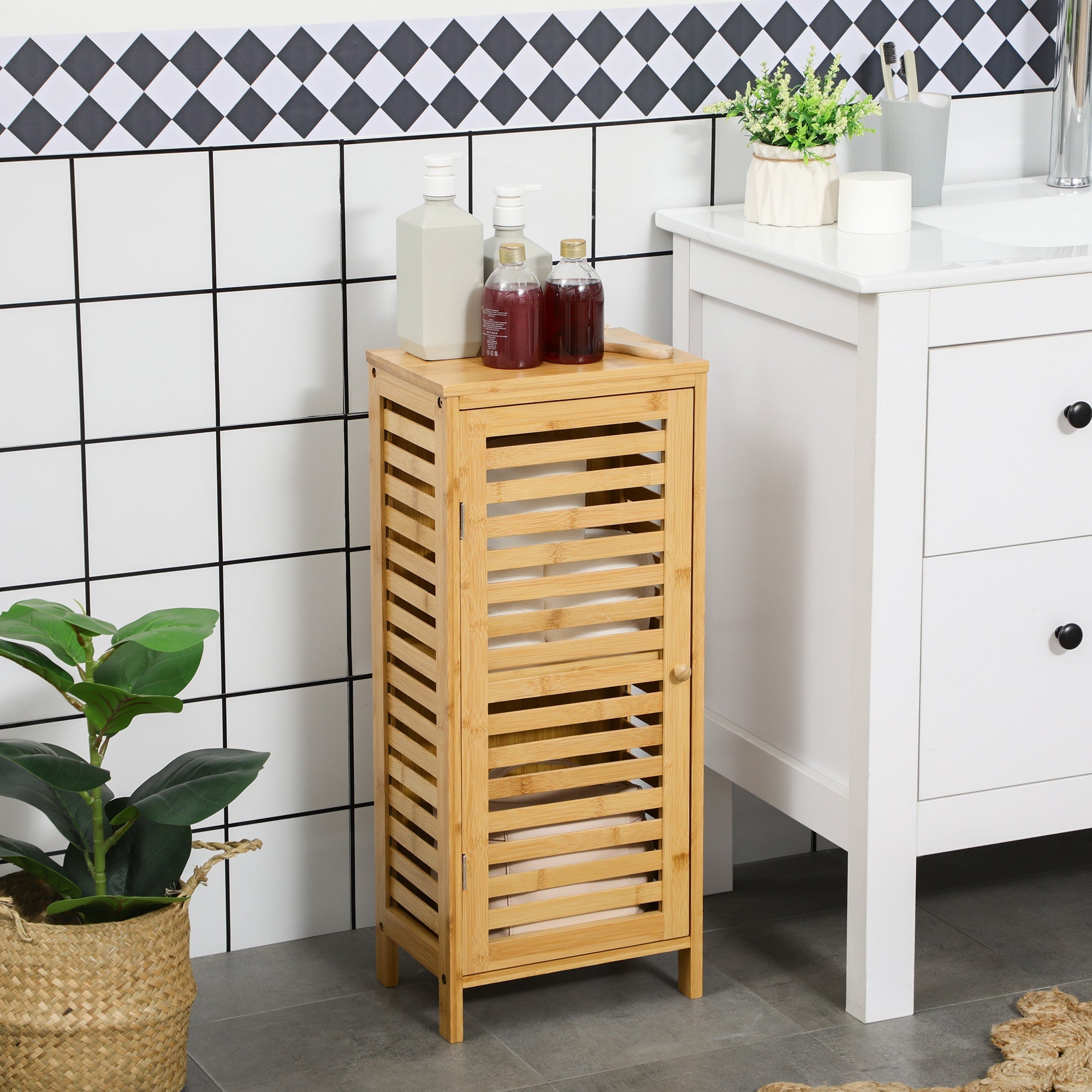 Bathroom Cabinet/Side Cabinet Slatted Door 2 Compartments Storage, Natural