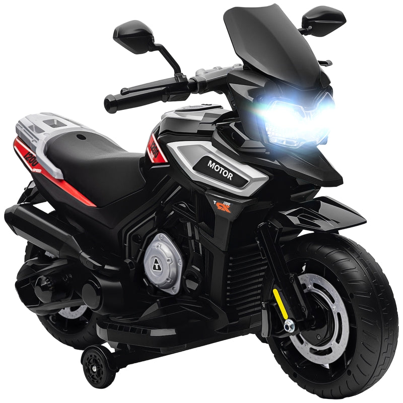 Electric Motorcycle for Kids with Training Wheels, Lights and Music, Black