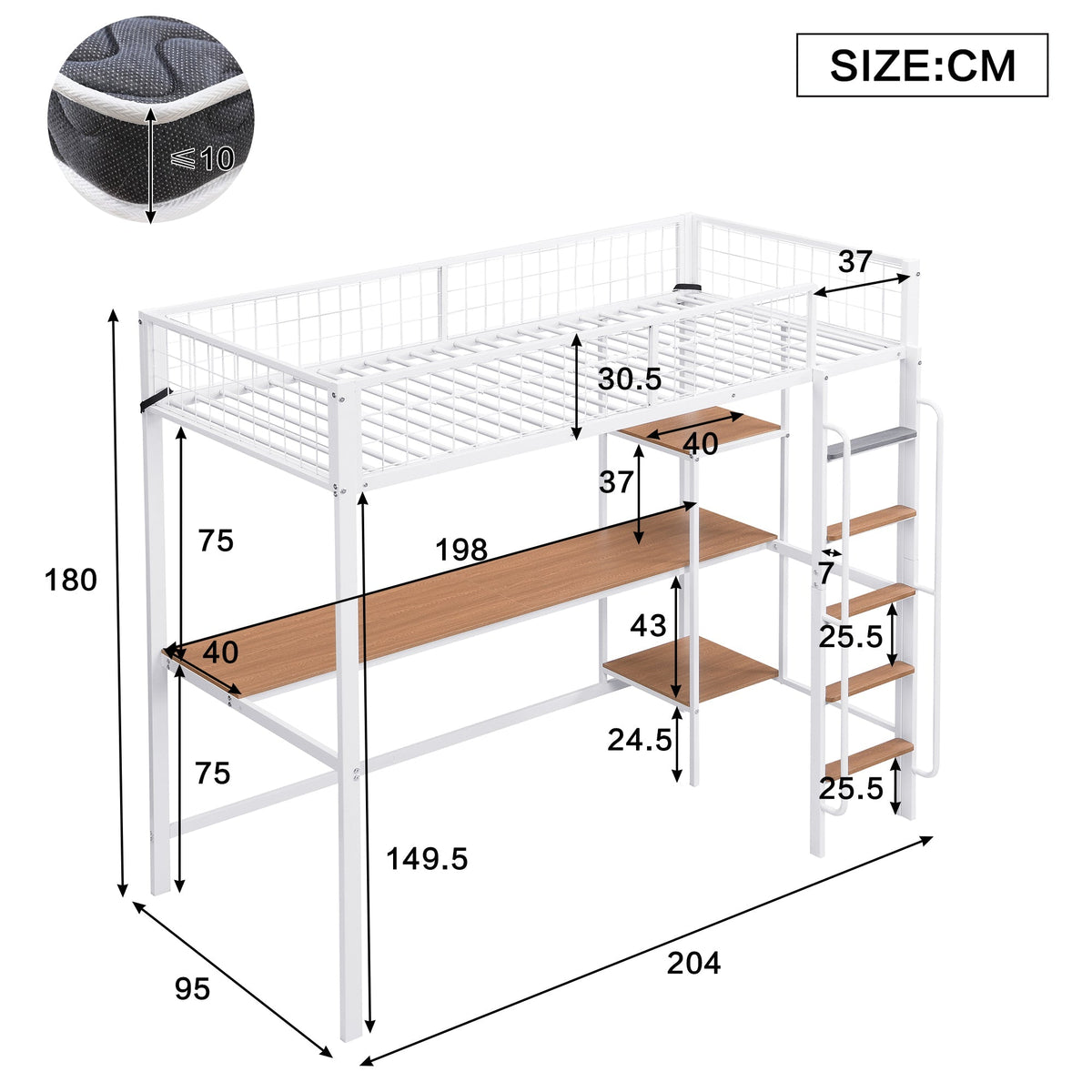Iron Frame Bunk Bed with Table, Shelves, Ladder, Rail, 90x200cm, White + Natural Iron + MDF