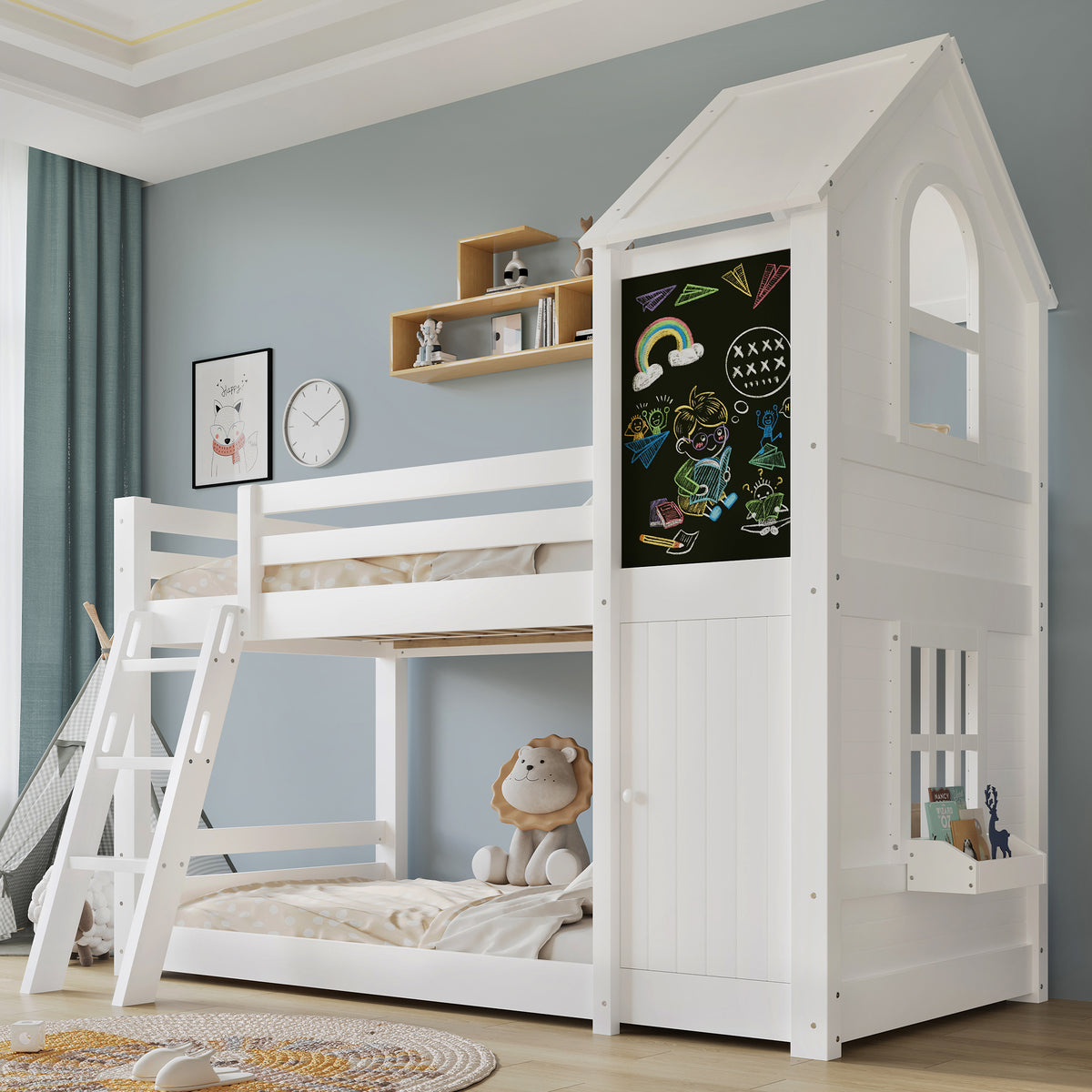 Children's Bunk Bed with Windows & Chalkboard, White Pine
