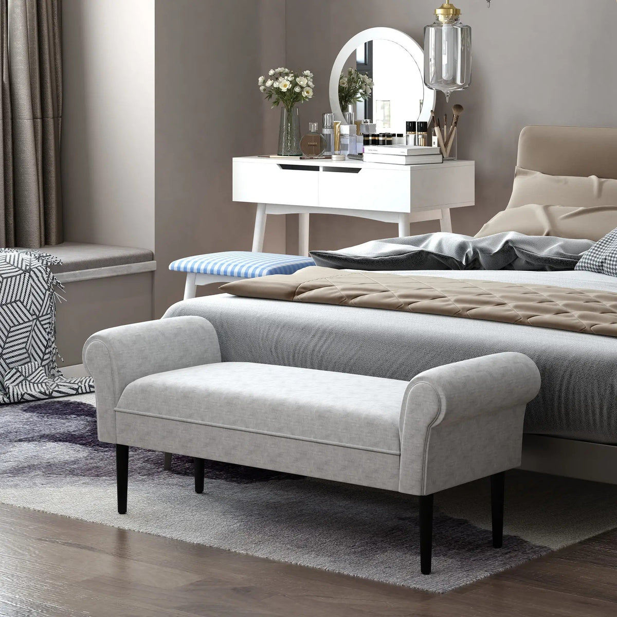 Upholstered Bench, Lounge & Hallway Seating, Linen Fabric, Light Grey