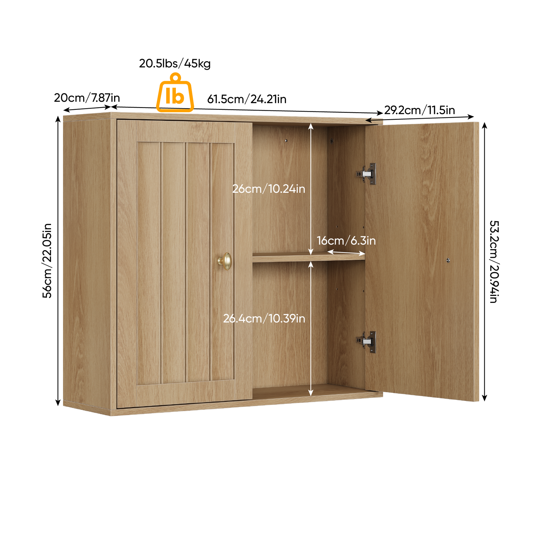 Wall-Mounted Bathroom Cabinet, Two-Door Medicine Cabinet with Vertical Groove Design, Oak
