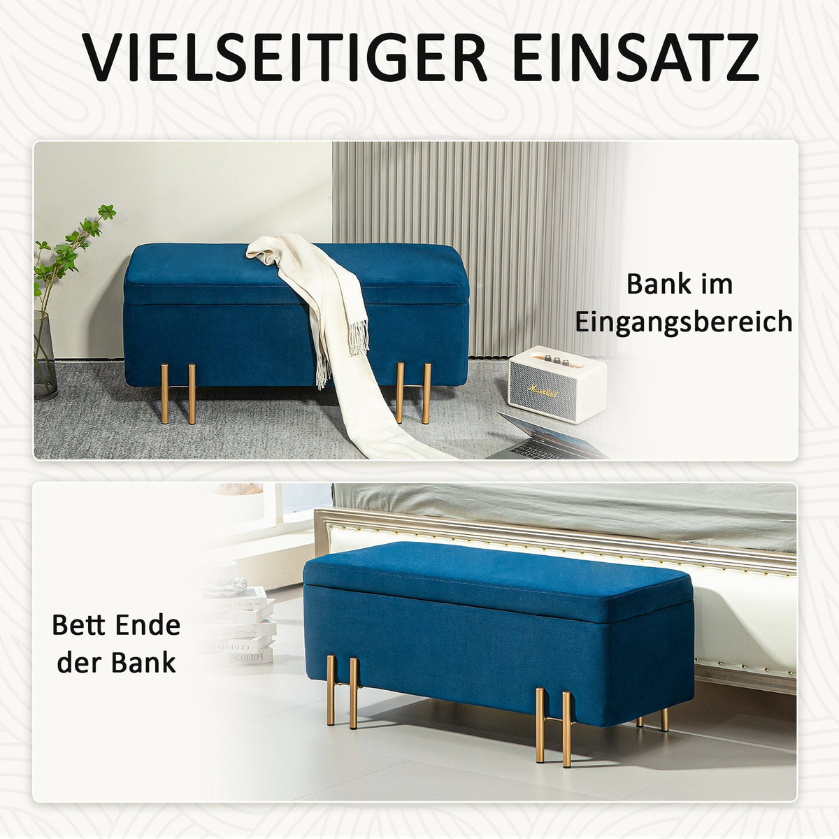 Bench, Upholstered Storage Chest, Dark Blue Fabric