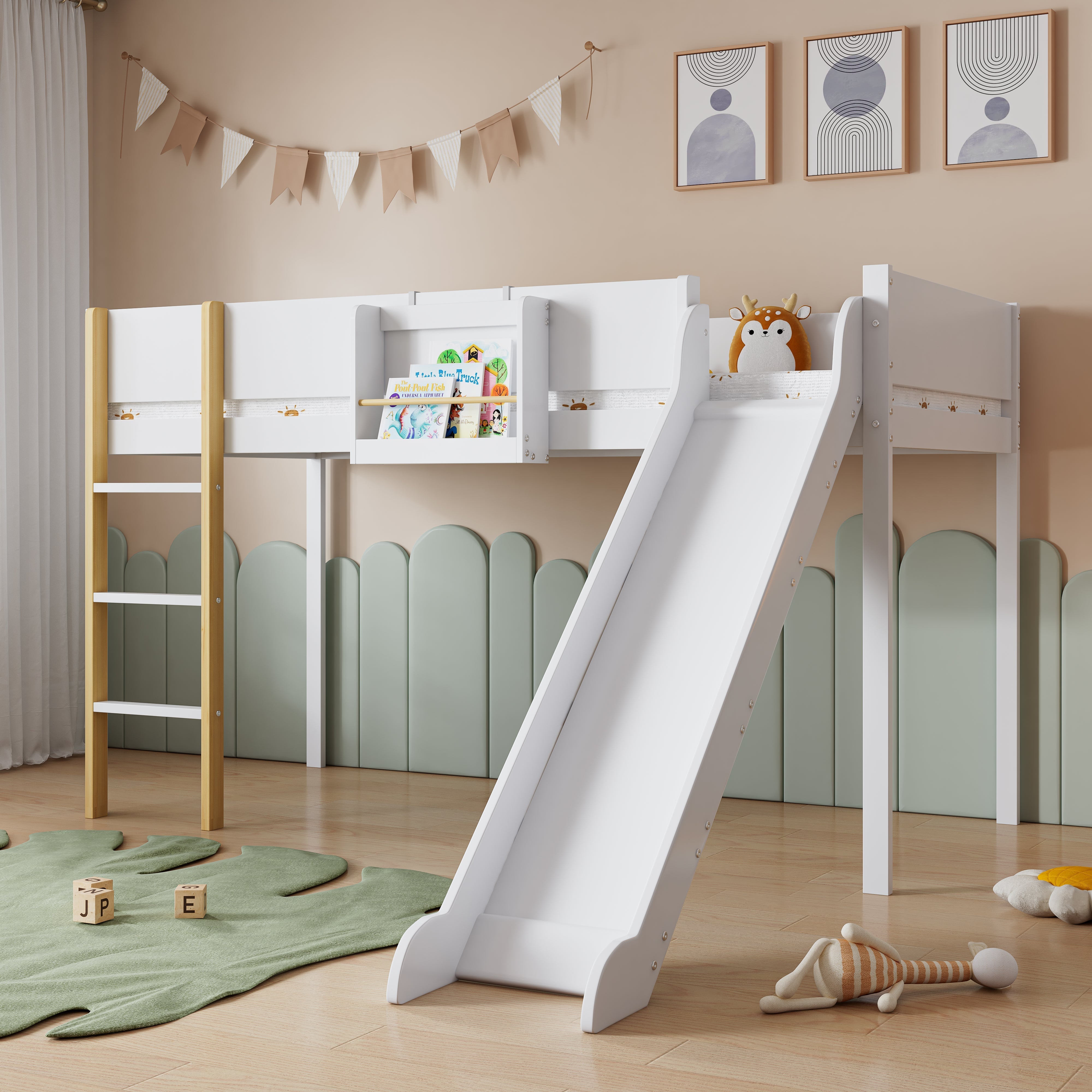 Loft Bed, Bunk with Slide & Removable Shelf, Pine+MDF White+Natural