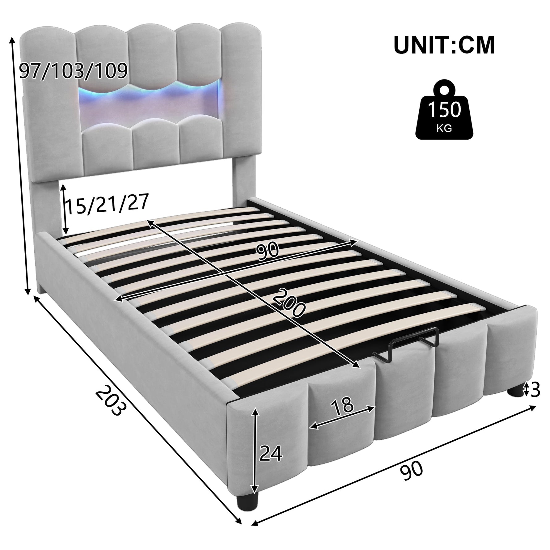 Upholstered Bed 90x200cm Hydraulic Storage LED Adjustable Headboard Velvet Grey