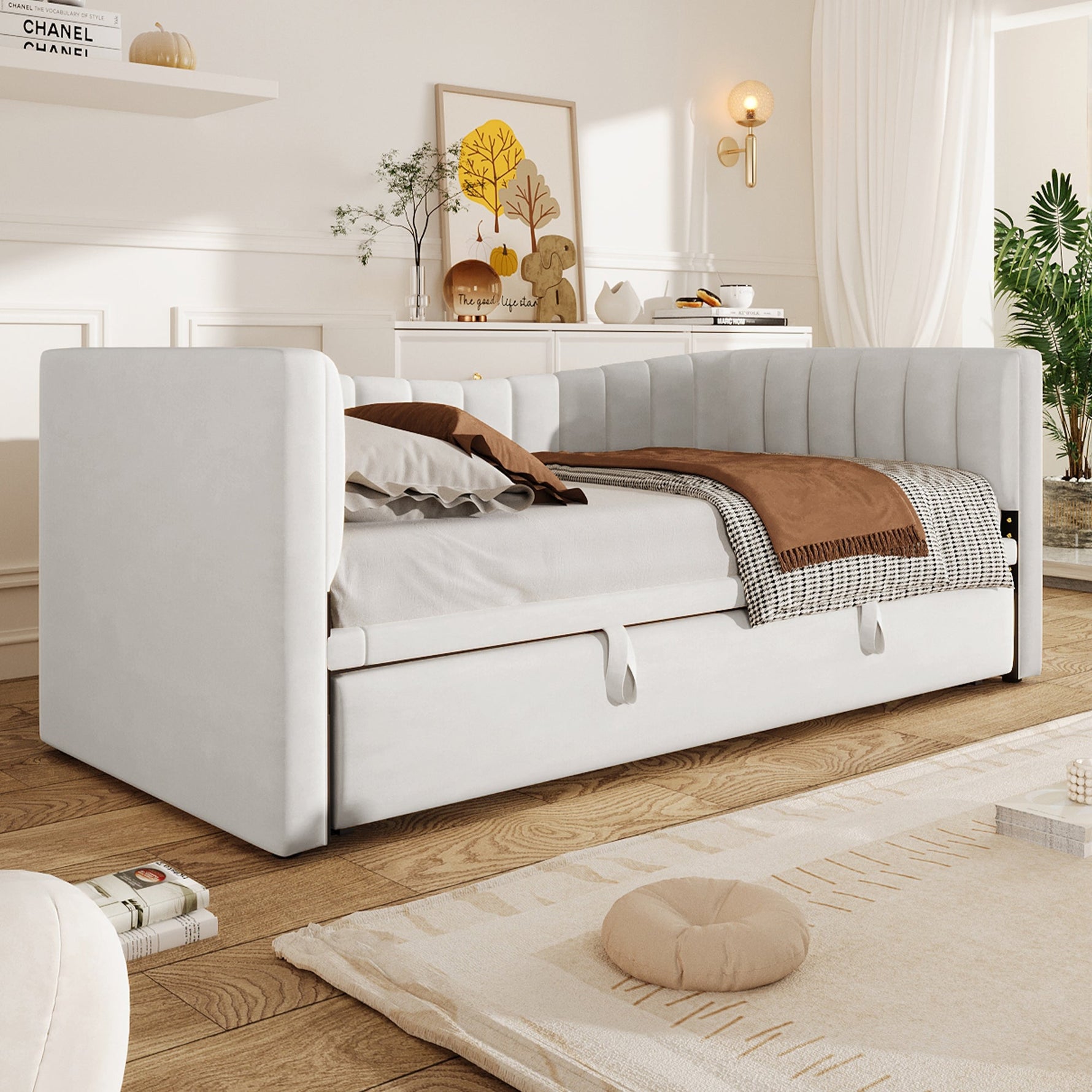 Upholstered Daybed Pull-Out Bed 90x200cm Extendable to 180x200cm Velvet White