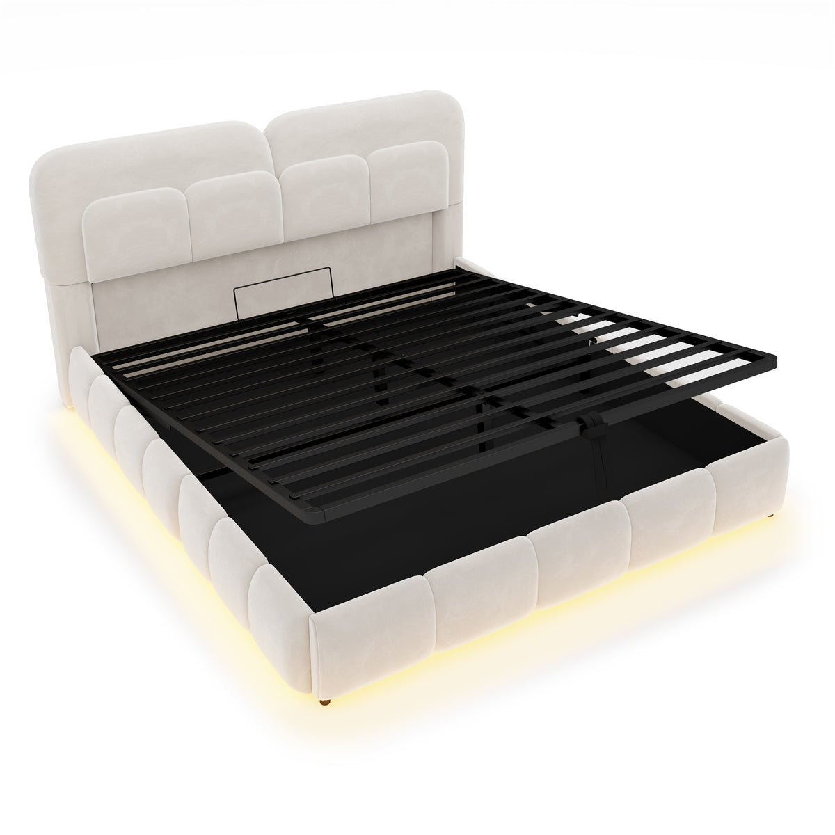 Upholstered Double Bed 140x200 Light Strip Storage Beige Velvet