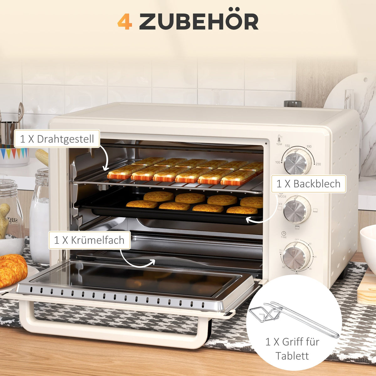 Mini Oven Rotisserie Toaster 21L, 3 Modes, Stainless Steel, Cream White