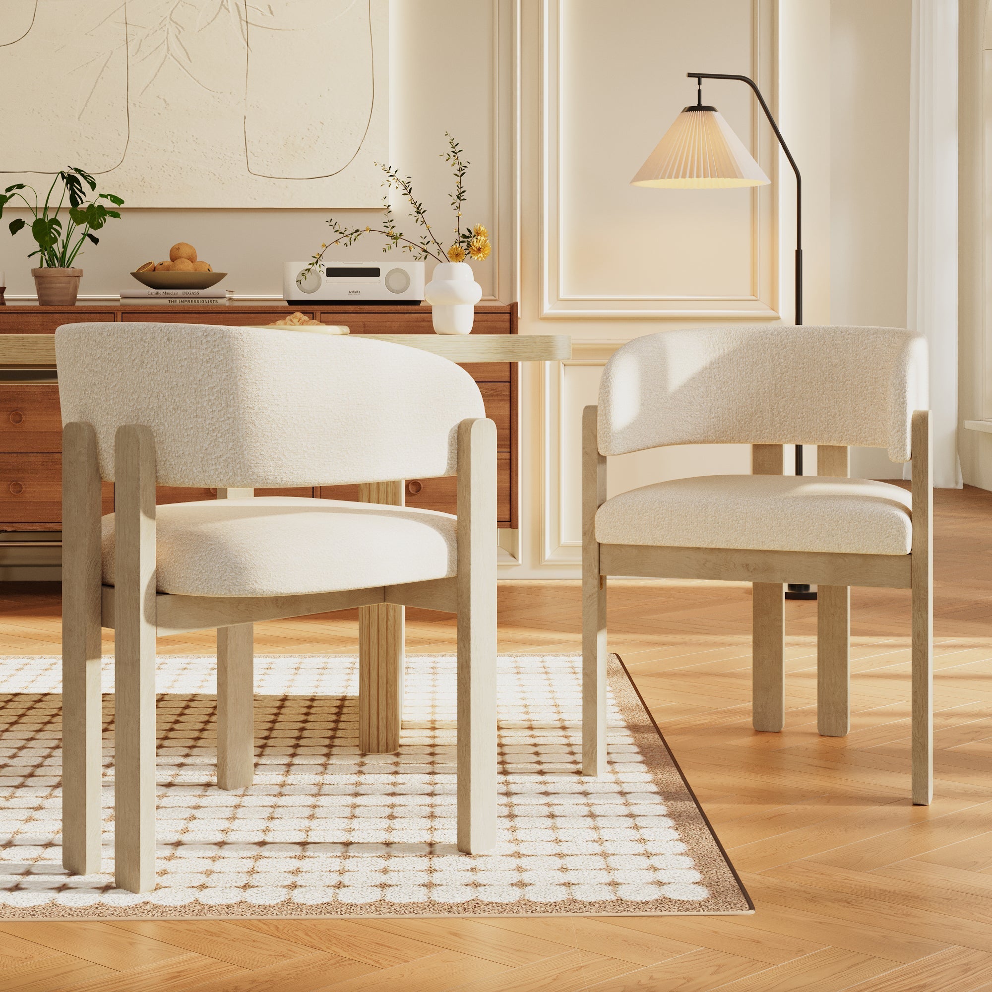 2 Solid Wood Dining Chairs Comfortable Bouclé Natural Color