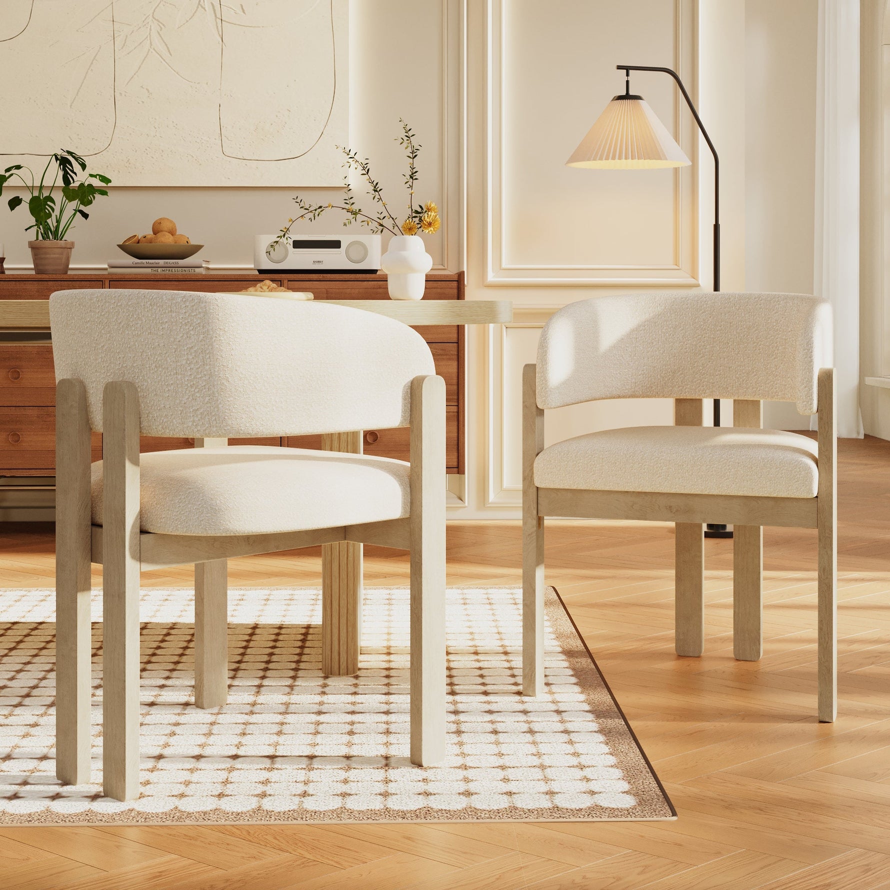 2 Solid Wood Dining Chairs Comfortable Bouclé Natural Color