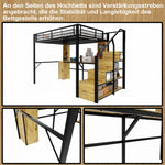 Metal Loft Bed 140x200cm with Desk & Wardrobe, Black